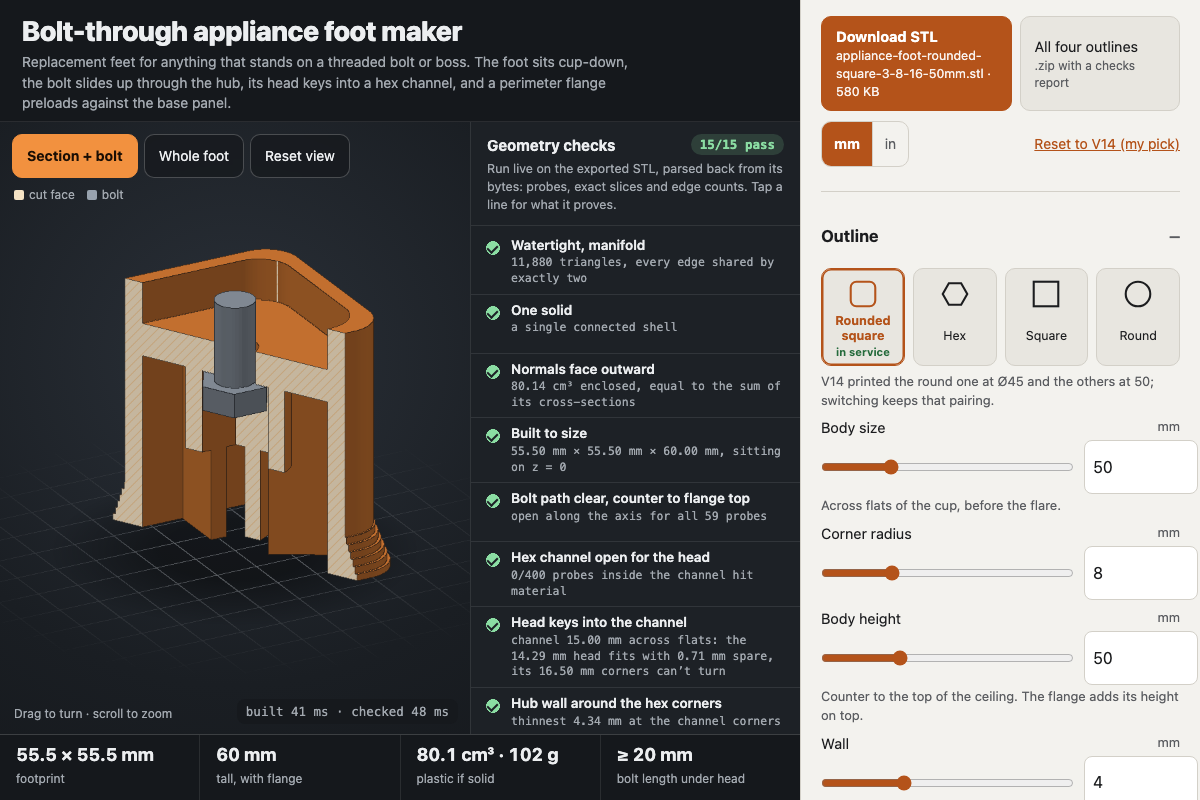 Bolt-through appliance foot maker with its default settings