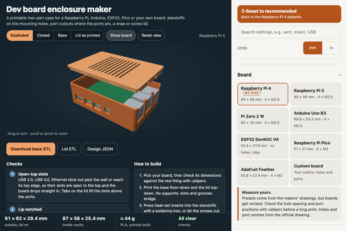 Dev board enclosure maker with its default settings