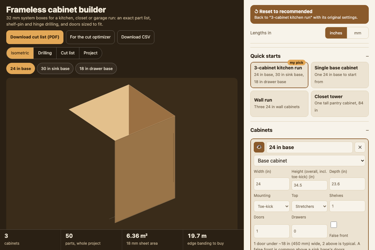 Frameless cabinet builder with its default settings