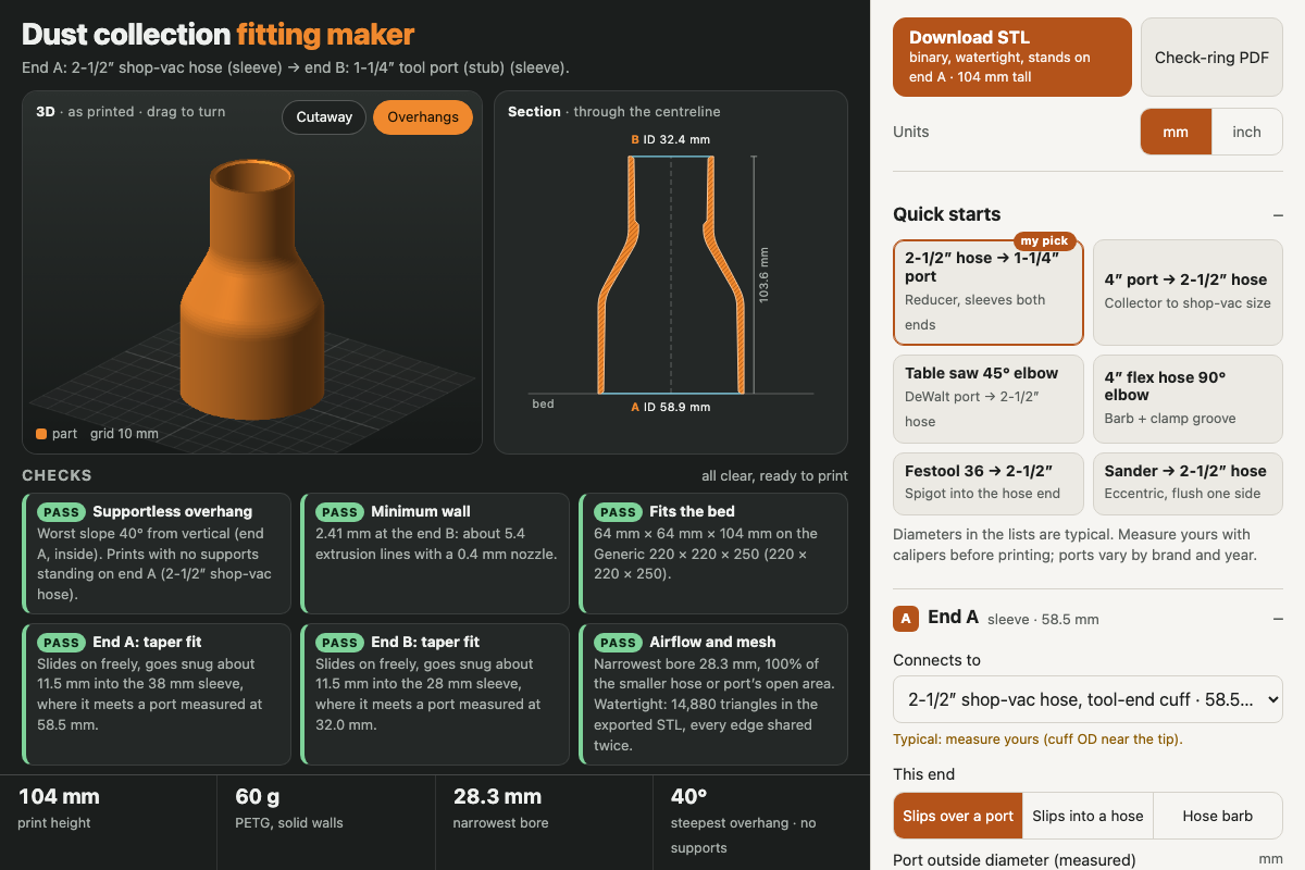 Dust collection fitting maker with its default settings