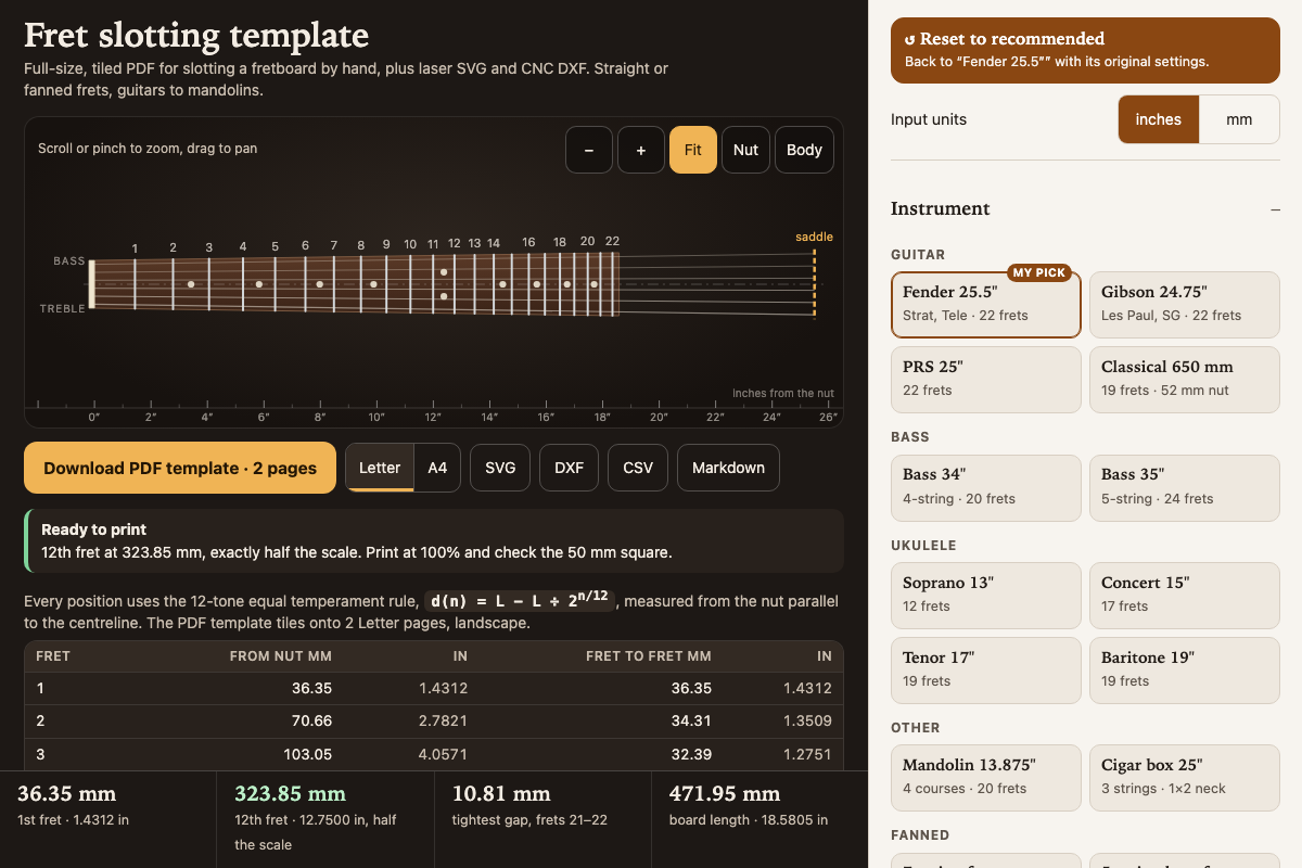 Fret slotting template with its default settings
