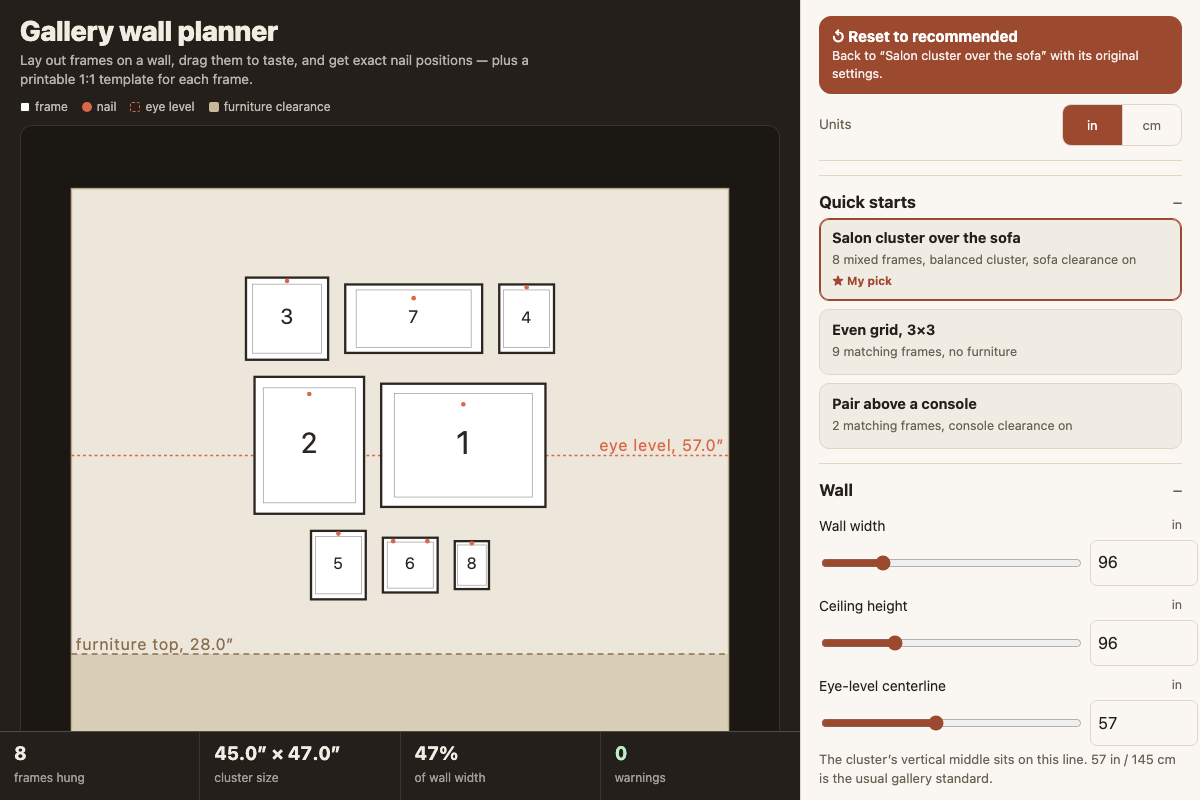 Gallery wall planner with its default settings