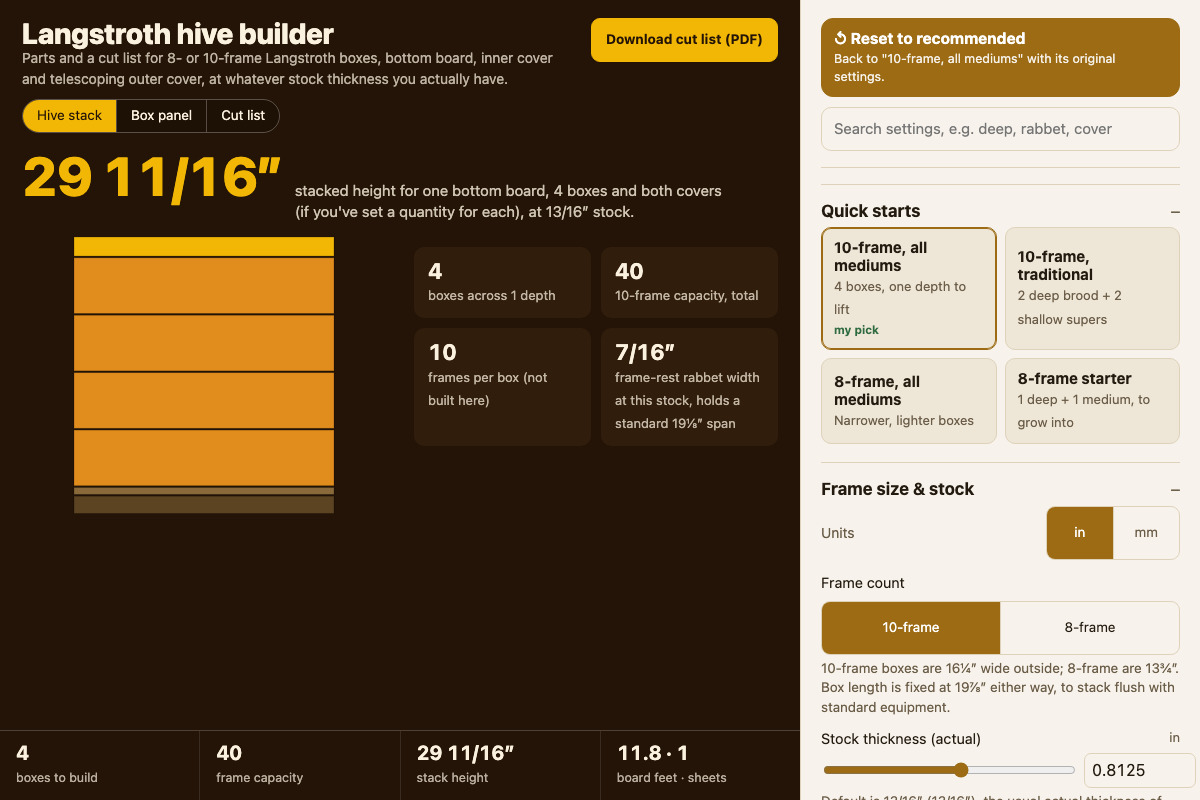 Langstroth hive builder with its default settings
