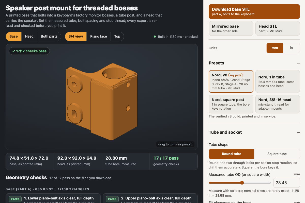 Speaker post mount for threaded bosses with its default settings