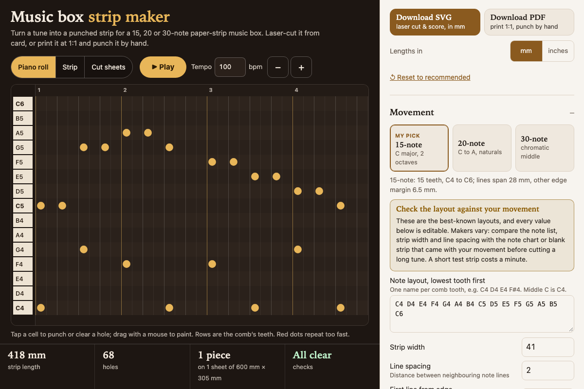 Music box strip maker with its default settings