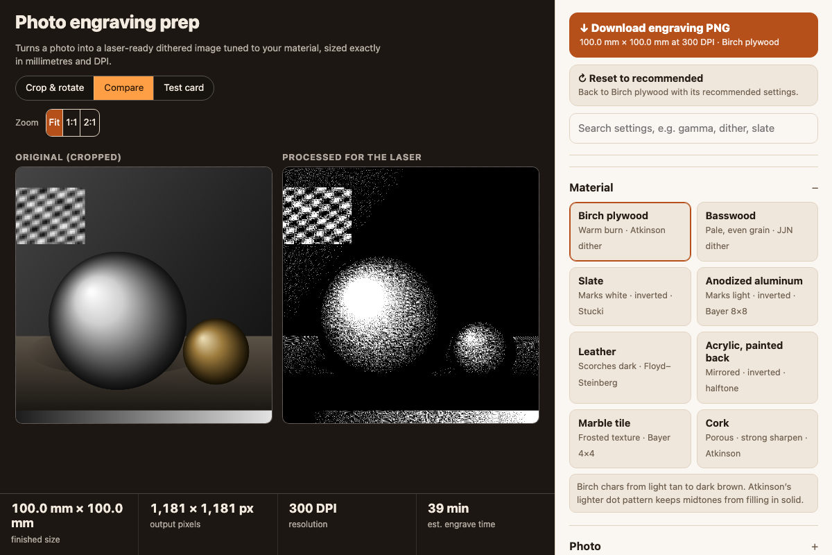 Photo engraving prep with its default settings