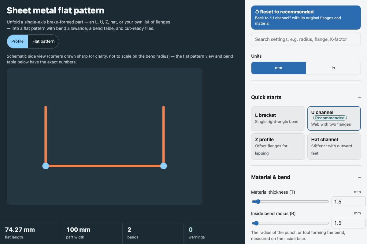 Sheet metal flat pattern with its default settings