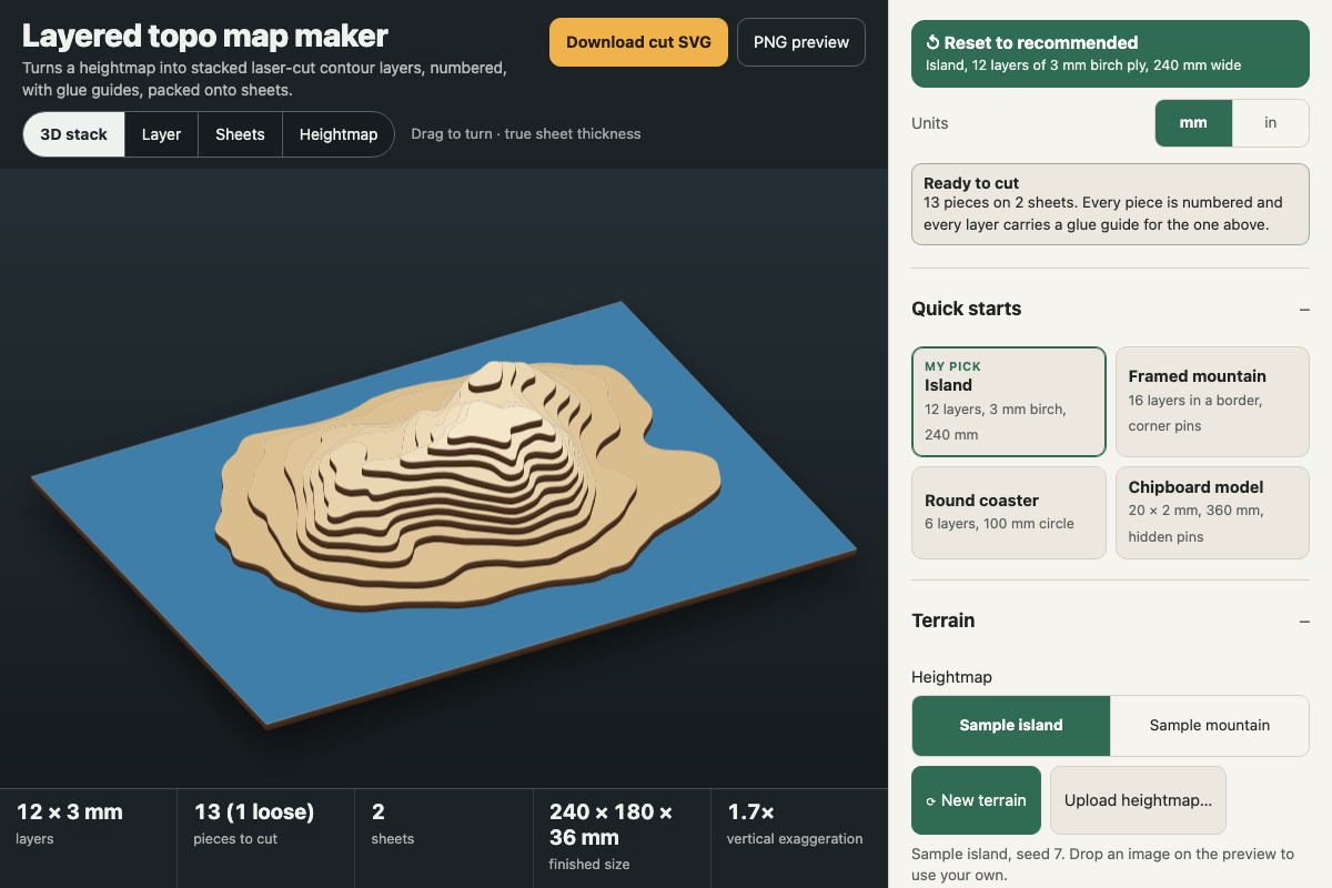 Layered topo map maker with its default settings